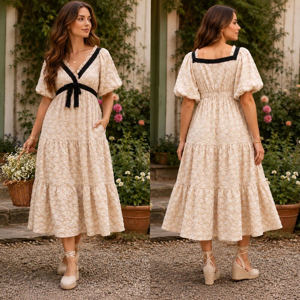 Peach Love California Floral Midi Dress L Jacquard Puff Sleeve Pockets Cottage